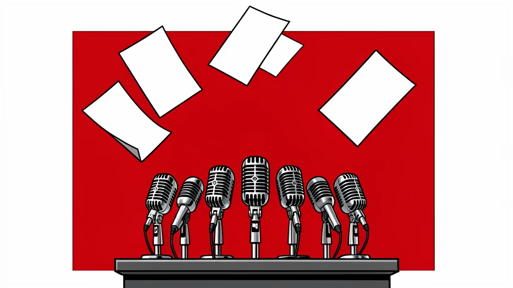 Illustration of a cluster of press microphones on a podium before a red backdrop